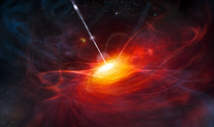 The artist’s impression on ULAS J1120+0641, a very distant quasar. Credit: ESO/M. Kornmesser